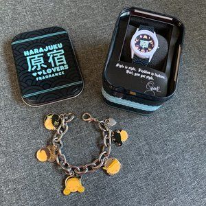 HARAJUKU LOVERS FRAGRANCE MANGA STYLE WATCH IN METAL DISPLAY TIN & BRACELET